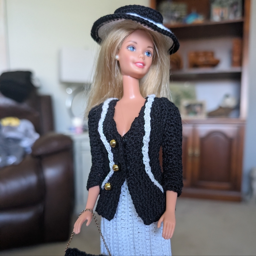 OOAK Vintage Black and White Crochet Jacket, Skirt & Hat Set For Barbie Doll